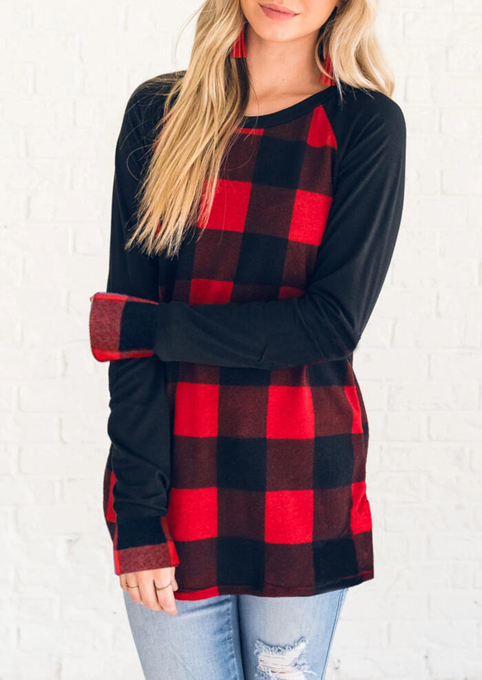 Black Long Sleeve Spliced Red Black Plaid T-Shirt For Women in Red. Size: S