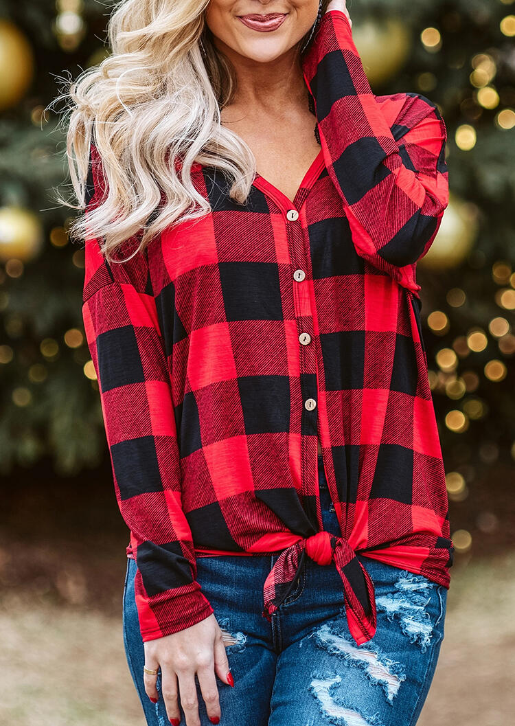

Plaid Splicing Button Long Sleeve Blouse - Red, 455362