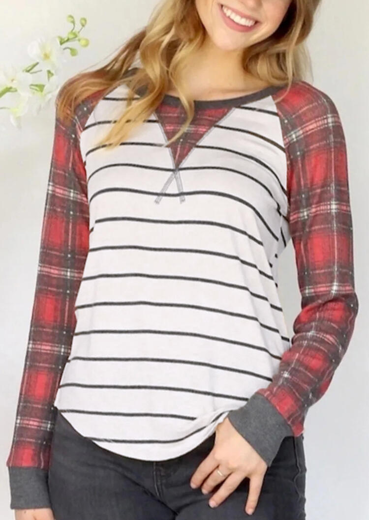 

Plaid Striped Splicing Long Sleeve T-Shirt Tee - White, 455405