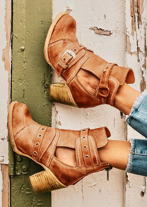 

Hollow Out Buckle Strap Ankle Boots - Brown, 455356