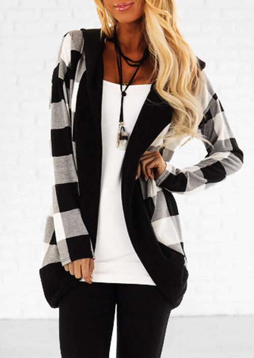 

Plaid Splicing Long Sleeve Cardigan without Necklace, 455404