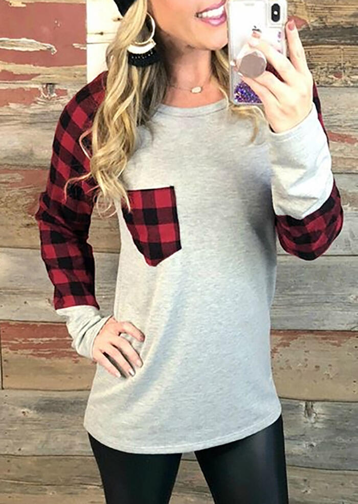 

Plaid Splicing Pocket T-Shirt Tee - Gray, 455466