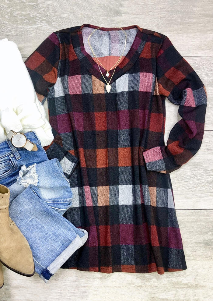 

Mini Dresses Plaid V-Neck Mini Dress without Necklace. Size: ,XL