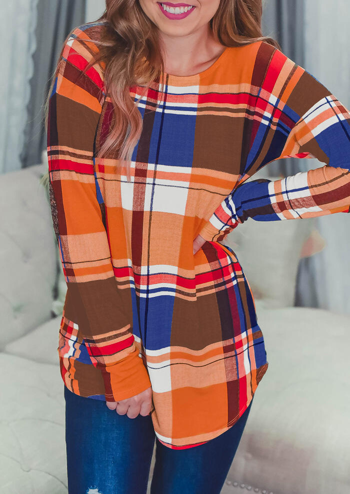 

Plaid Splicing Sequined Elbow Patch Long Sleeve T-Shirt Tee, 455384