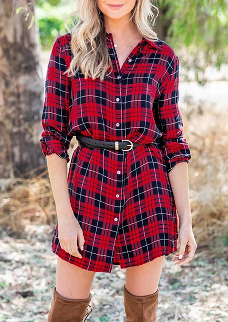 

Plaid Splicing Button Long Sleeve Mini Dress without Belt - Red, 455452
