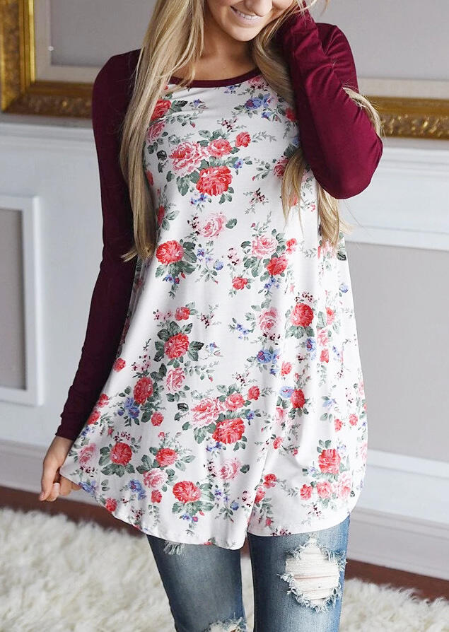 

Tees T-shirts Floral Splicing O-Neck T-Shirt Tee - Burgundy. Size