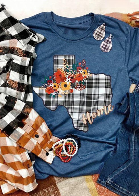 

Texas Home Floral Plaid T-Shirt Tee - Blue, 455488