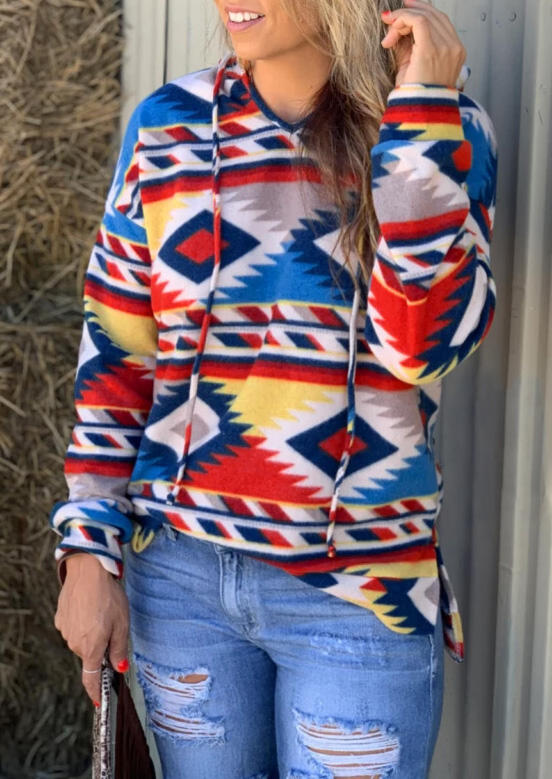 

Hoodies & Sweatshirts Aztec Geometric Printed Drawstring Hoodie - Multicolor. Size: S,,XL
