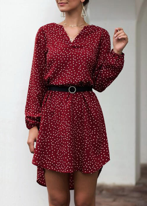 

Polka Dot Asymmetric Long Sleeve Casual Dress without Belt - Burgundy, 455519