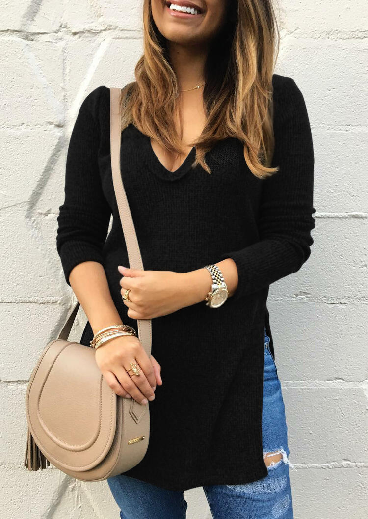 

Blouses Slit V-Neck Knitted Blouse without Necklace - Black. Size
