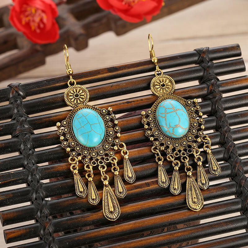 

Long Chain Tassel Turquoise Vintage Earrings, 455480, Gold;silver