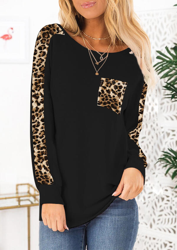 

Leopard Pocket T-Shirt Tee without Necklace - Black, 455515