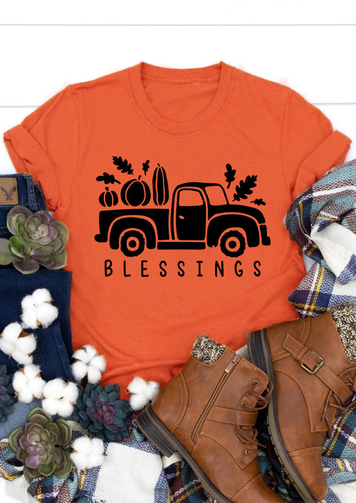 

Tees T-shirts Blessings Car Pumpkin O-Neck T-Shirt Tee - Orange. Size: ,M