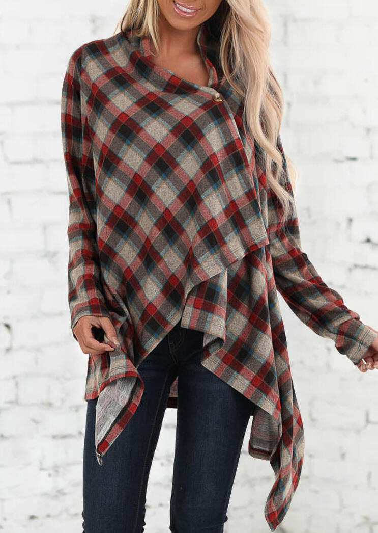 

Cardigans Plaid Button Asymmetric Cardigan. Size: ,M,XL