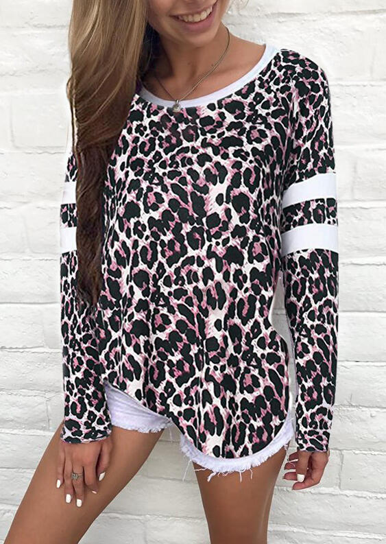 

Striped Leopard Printed Splicing Long Sleeve T-Shirt Tee without Necklace - Red, 455558