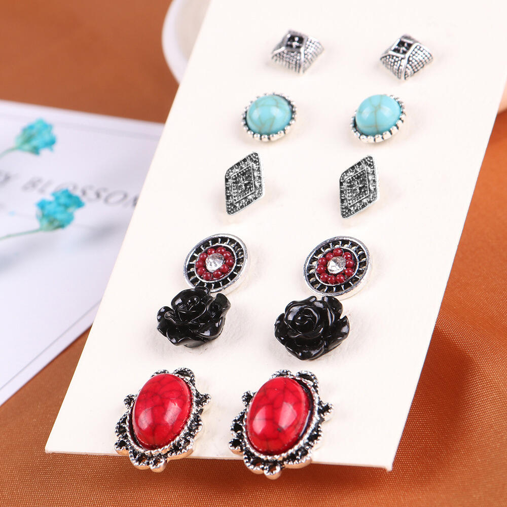 

Flower Turquoise Stone Vintage Earring Stud Set, 454935, Silver