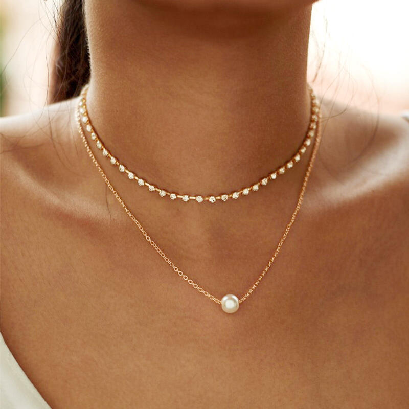 Multi-Layered  Rhinestone Pearl Pendant Necklace