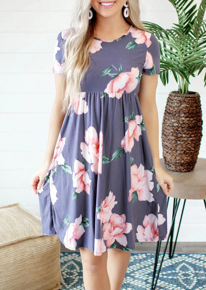 

Floral Ruffled O-Neck Mini Dress - Gray, 455124
