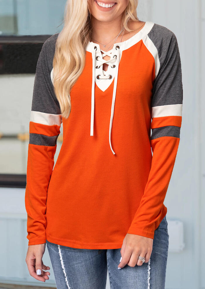 

Color Block Lace Up V-Neck Blouse - Orange, 455453