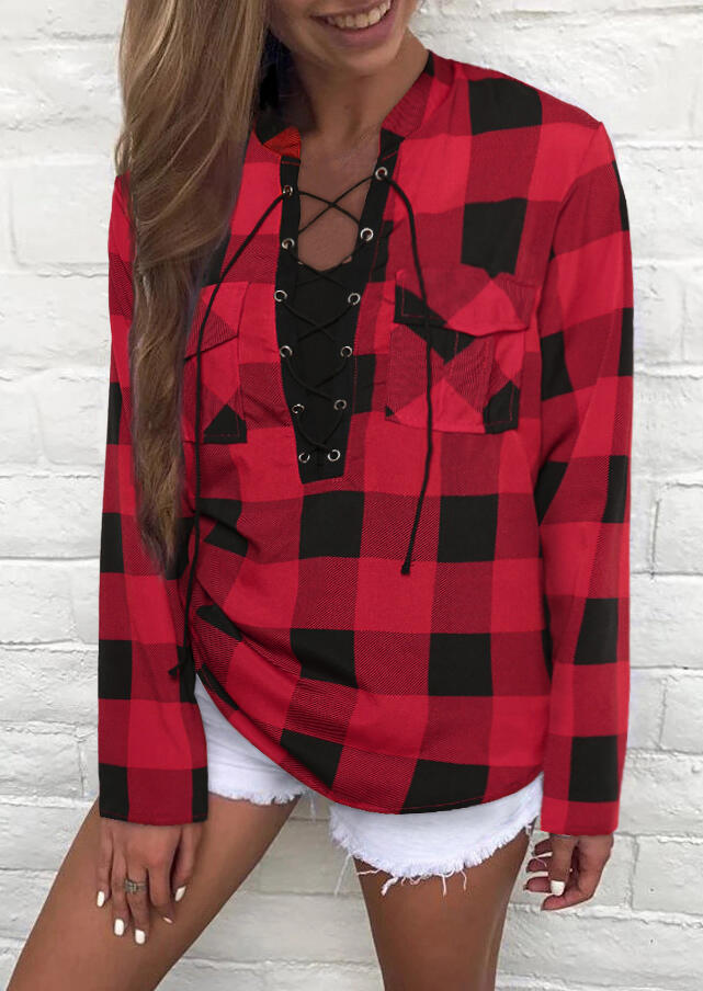

Blouses Plaid Pocket Lace Up Blouse - Red. Size: S,M,,XL