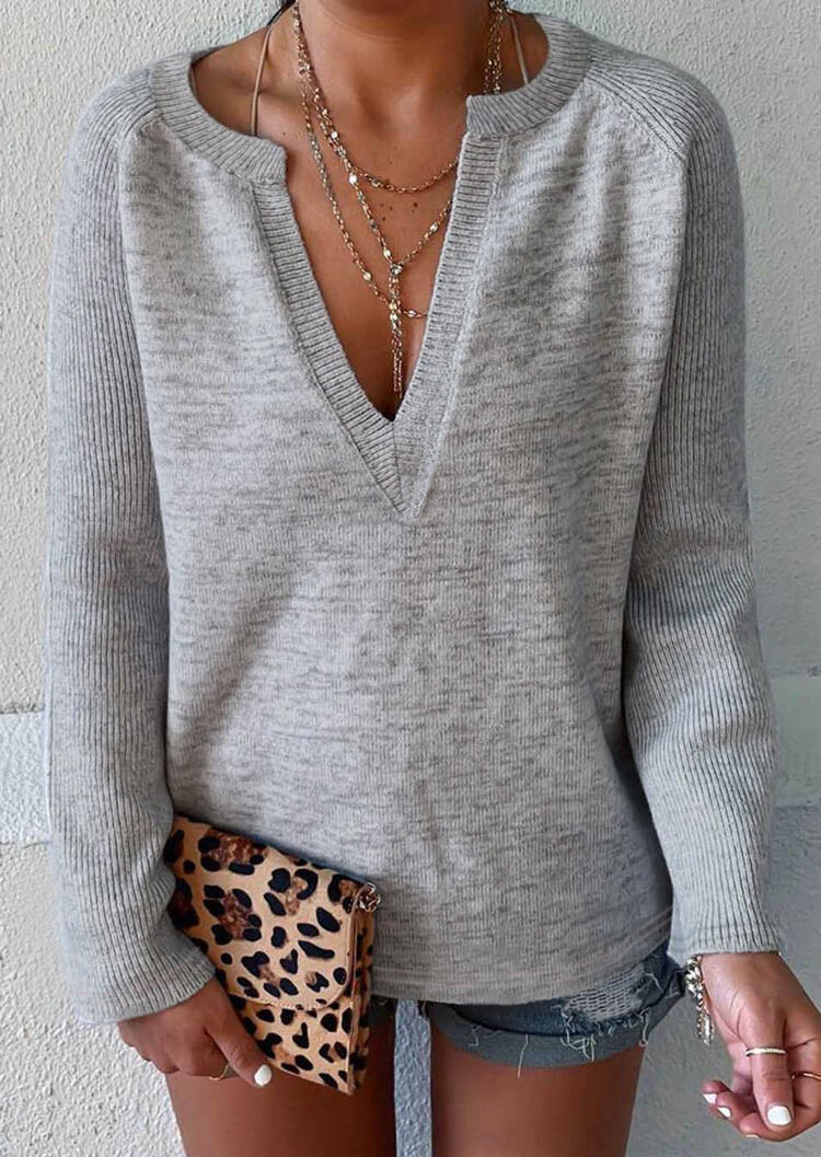

Solid V-Neck Knitted Blouse without Necklace - Light Grey, 455576