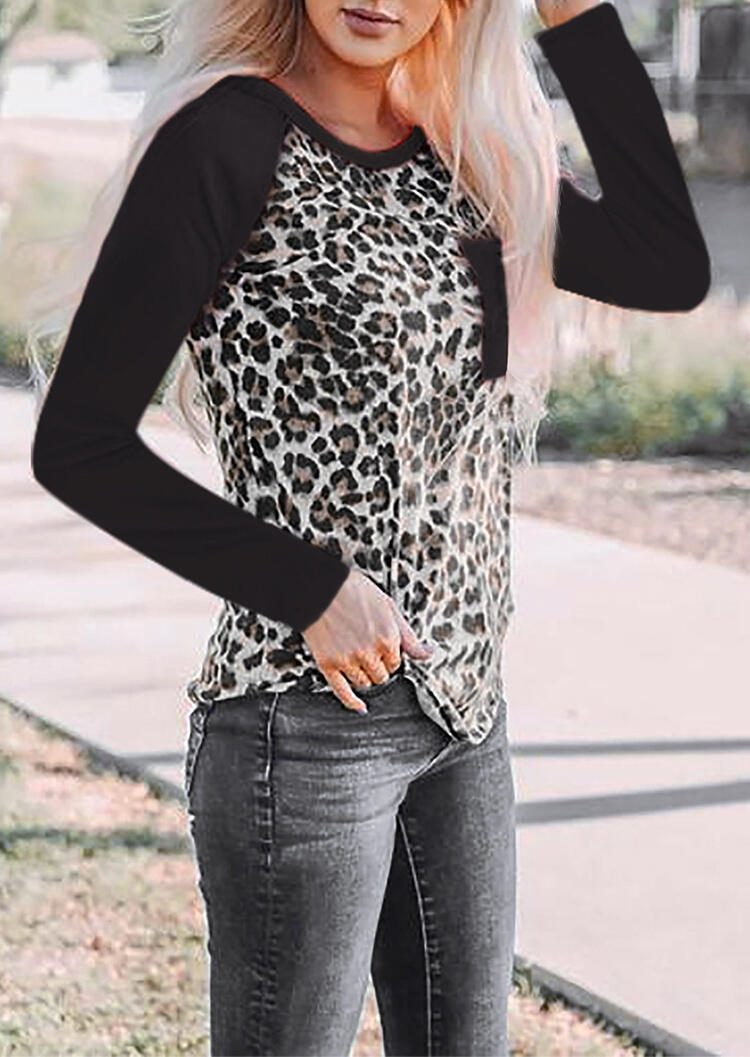 

Leopard Printed Pocket Long Sleeve T-Shirt Tee - Black, 455583