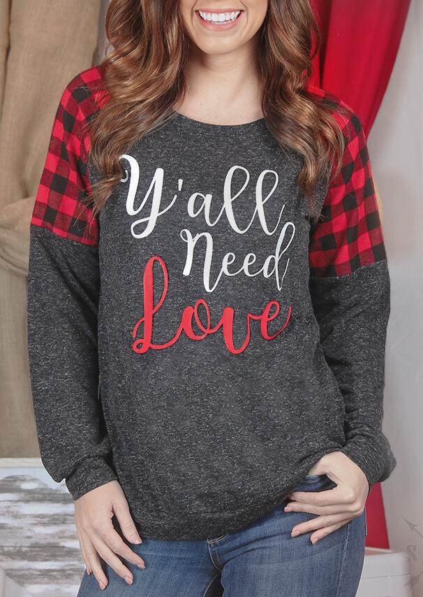 

Y'all Need Love Plaid Splicing T-Shirt Tee - Dark Grey, 455590