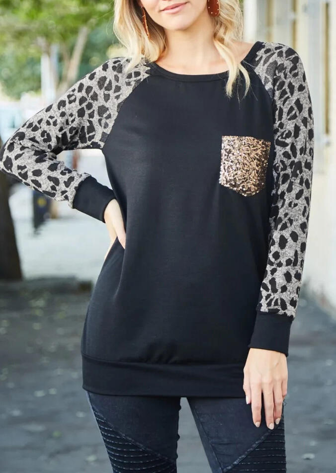 

Leopard Printed Sequined Pocket T-Shirt Tee - Black, 455614
