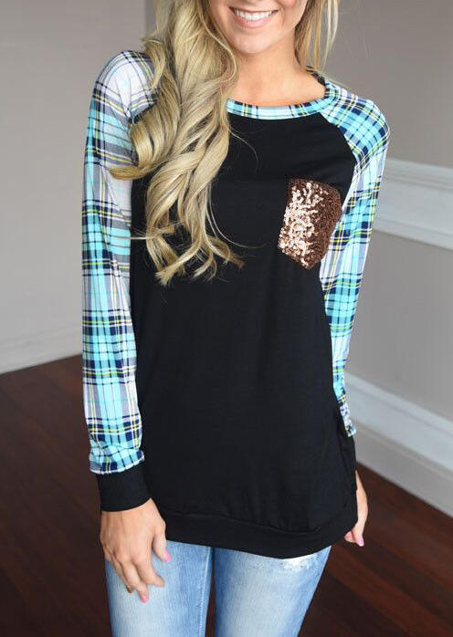 

Plaid Splicing Sequined Pocket Long Sleeves T-Shirt, Black