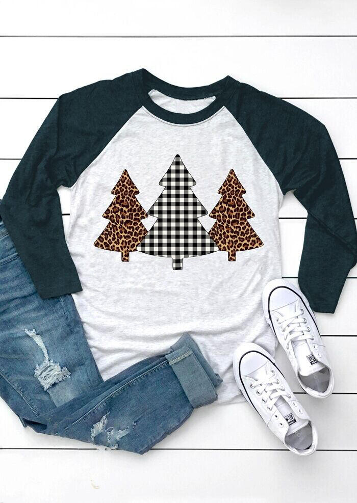 

Christmas Trees Plaid Leopard Printed Baseball T-Shirt Tee - Light Grey, 455646