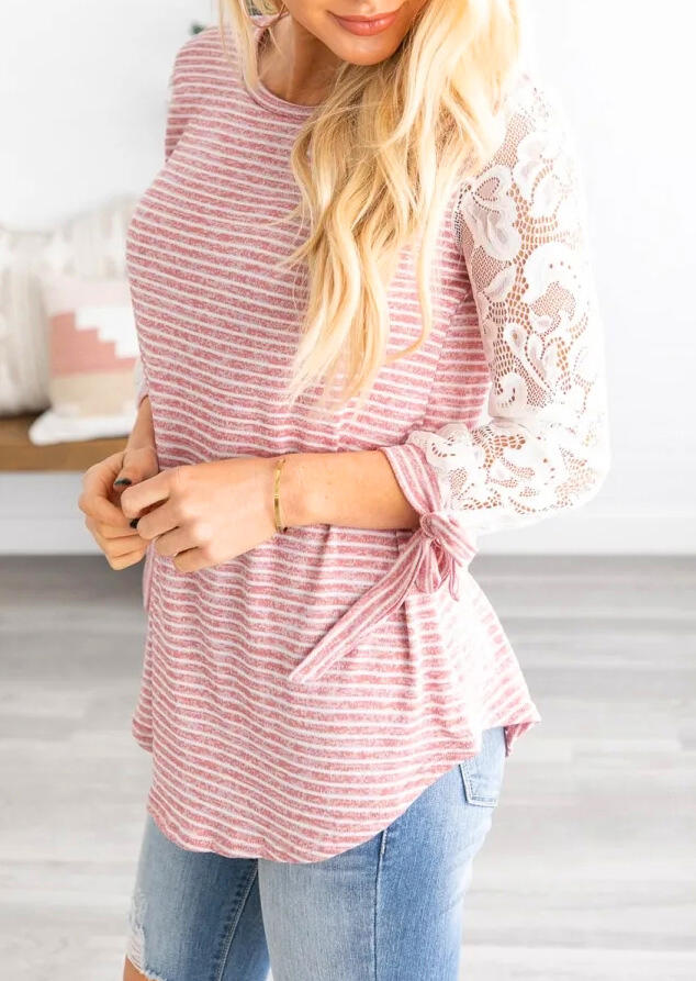 

Pink White Striped Floral Lace Long Sleeves Patchwork Asymmetric Shirt Blouse Top for Women
