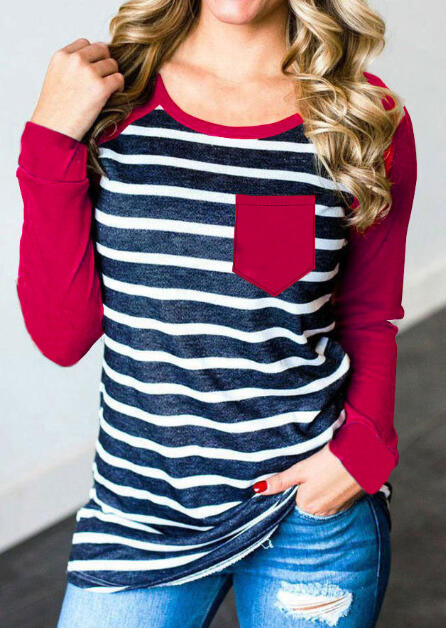 

Striped Splicing O-Neck T-Shirt Tee - Red, 455596