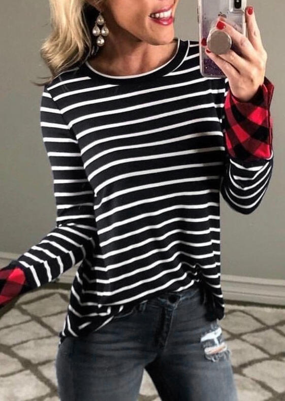 

Plaid Striped Splicing T-Shirt Tee, Stripe, 455648