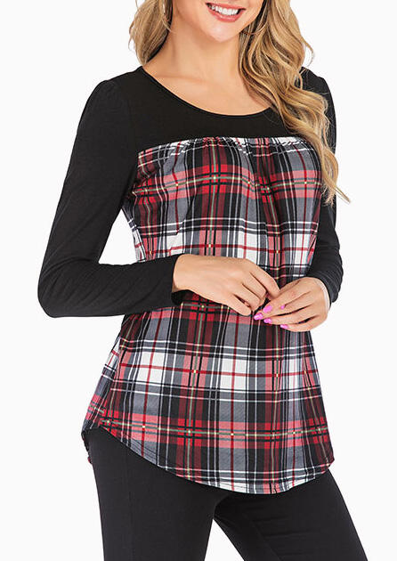 

Blouses Plaid Splicing Long Sleeve O-Neck Blouse. Size