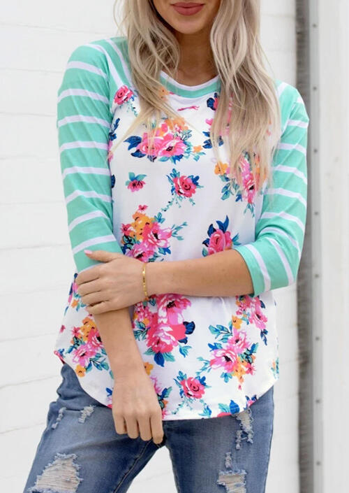 

Floral Striped T-Shirt Tee - White, 455702