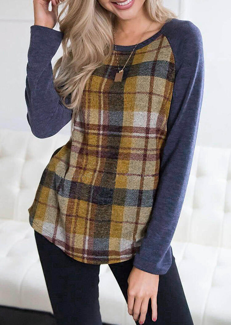

Plaid Splicing Long Sleeve T-Shirt Tee without Necklace - Yellow, 455582