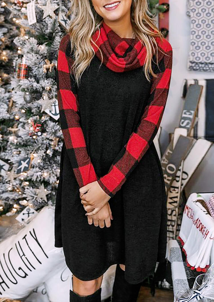 

Plaid Splicing Cowl Neck Casual Dress - Black, 455595