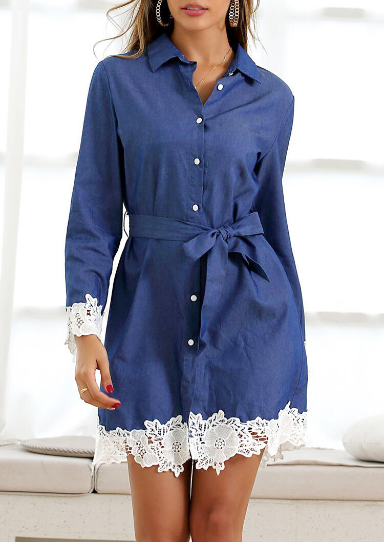 

Mini Dresses Denim Lace Splicing Mini Dress - Blue. Size