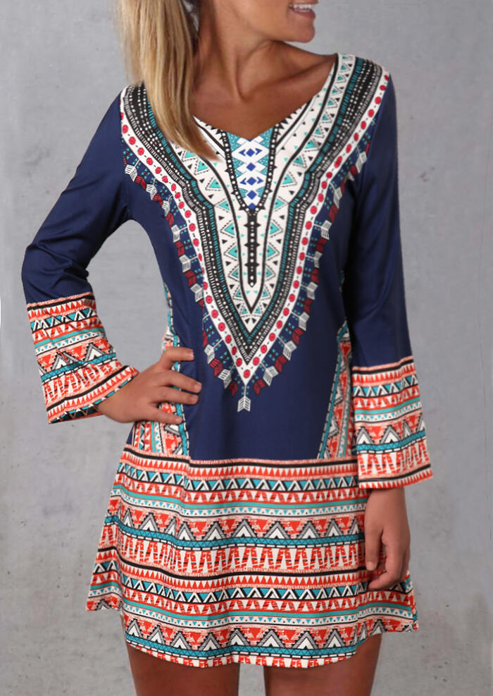 

Aztec Geometric Printed Vintage Mini Dress - Blue, 455630