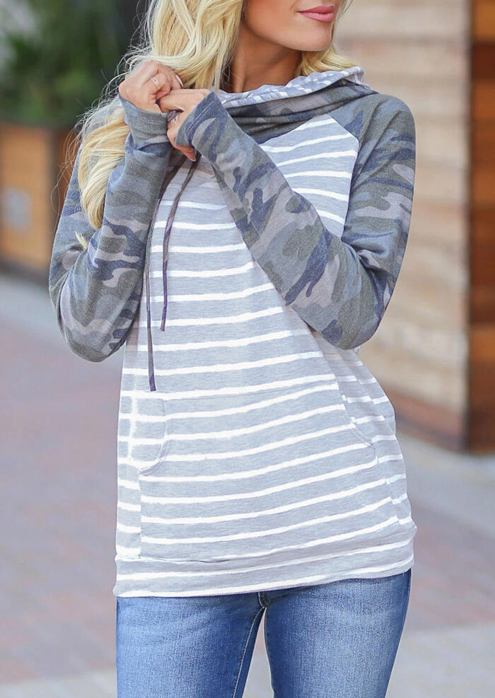 

Striped Camouflage Drawstring Kangaroo Pocket Thumbhole Hoodie, Stripe, 455715