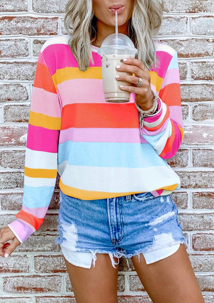 

Blouses Striped Color Block O-Neck Blouse - Orange. Size