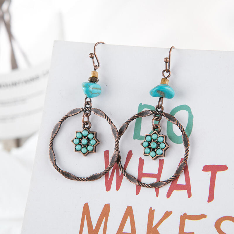 

Earrings Turquoise Sun Flower Large Circle Pendant Earrings. Size, #1