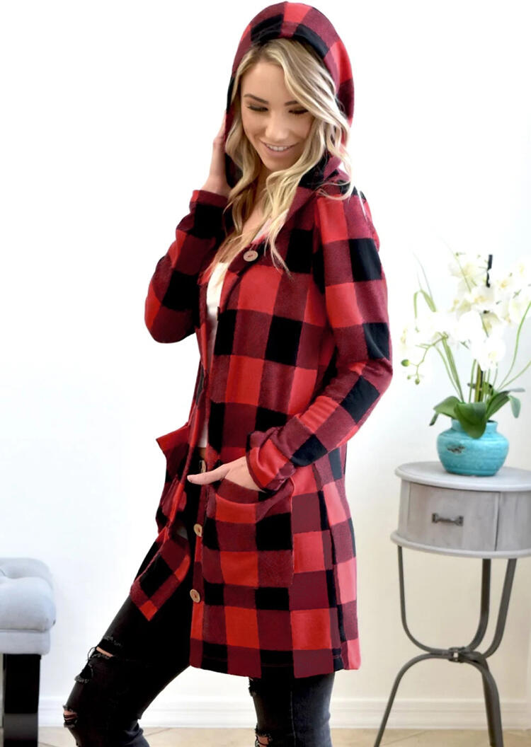 

Red and Black Plaid Hooded Buttons Cardigan With Pockets