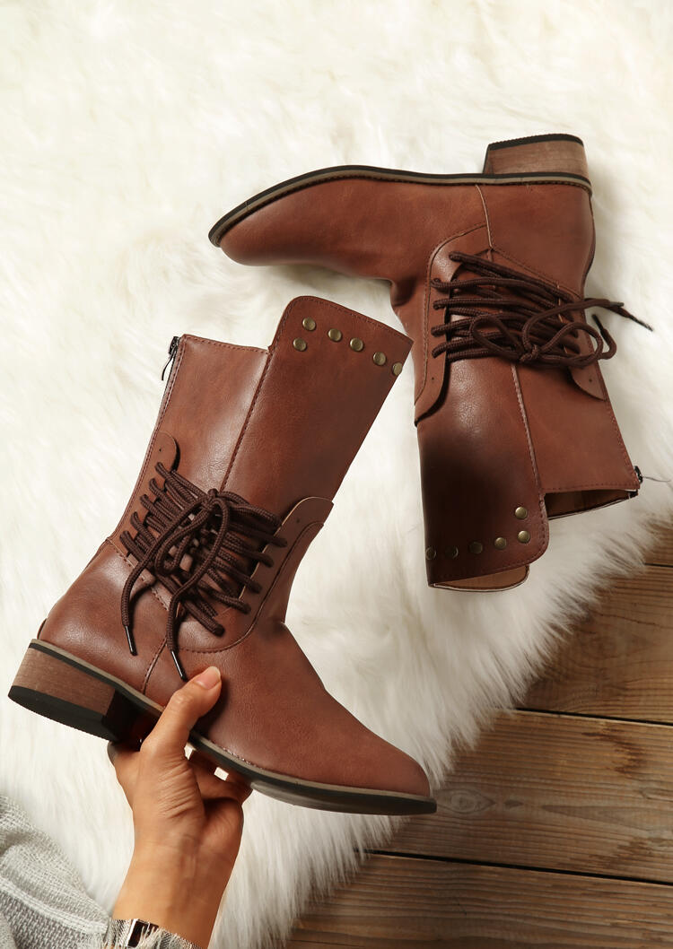 

Boots Lace Up Round Toe Mid Calf Flat Boots - Brown. Size: ,39
