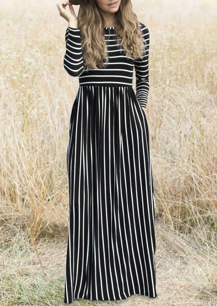 

Striped Splicing Pocket Maxi Dress - Black, 455761