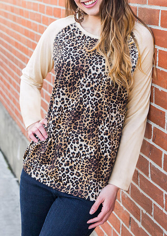 

Leopard Printed Splicing T-Shirt Tee - Apricot, 455774