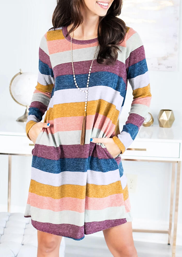 

Colorful Striped Pocket Mini Dress without Necklace - Multicolor, 455792