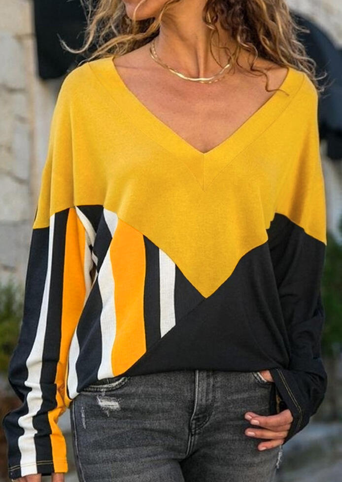 

Color Block Splicing V-Neck Blouse without Necklace - Yellow, 455795