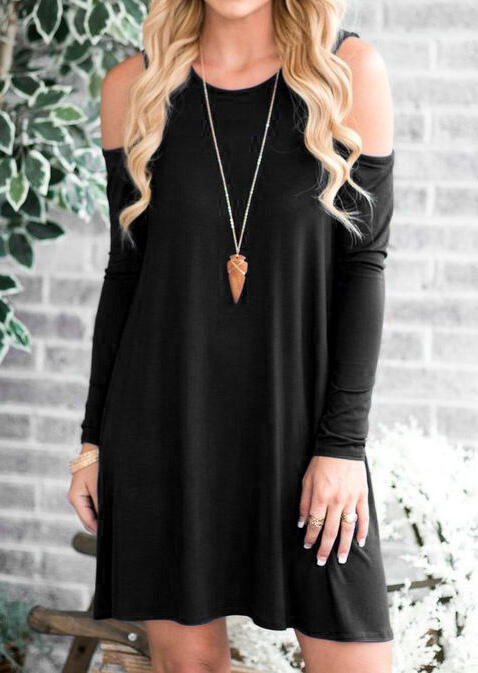 

Solid Cold Shoulder Mini Dress without Necklace - Black, 455811