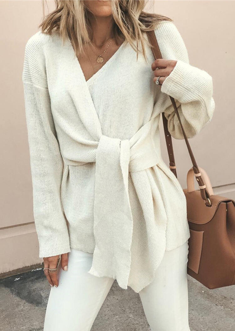 

Sweaters Bandage Long Sleeve Sweater without Necklace - White. Size
